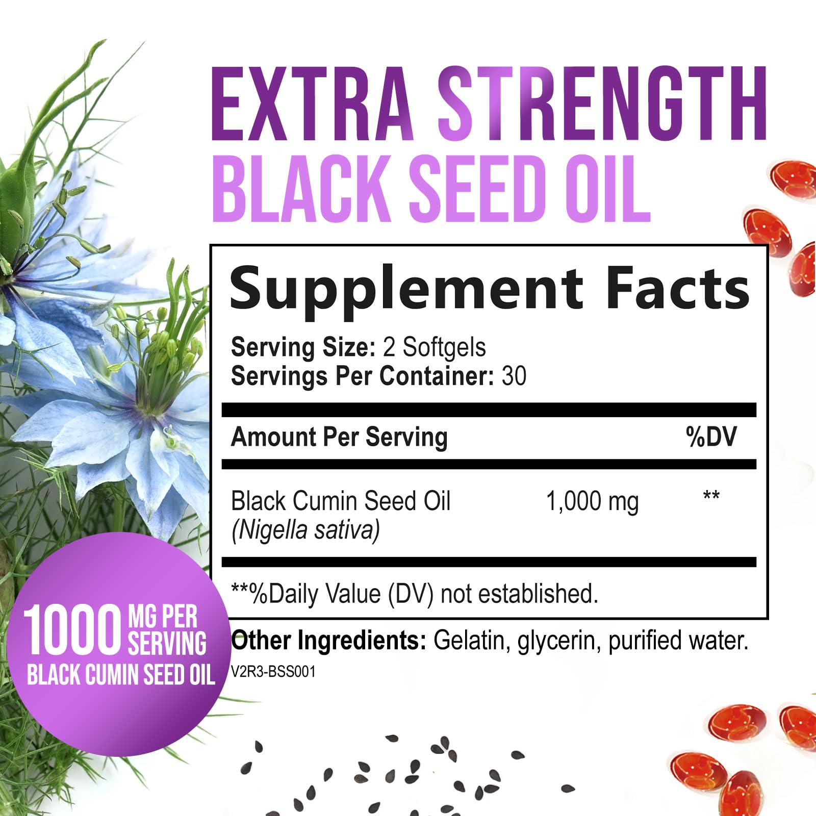 Nature's Strength black cumin seed oil 60 softgels dietary supplement packaging detail