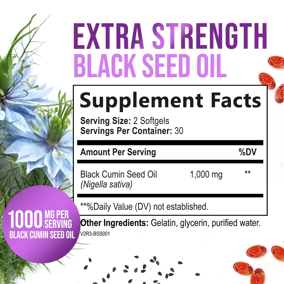 Nature's Strength black cumin seed oil softgels label details