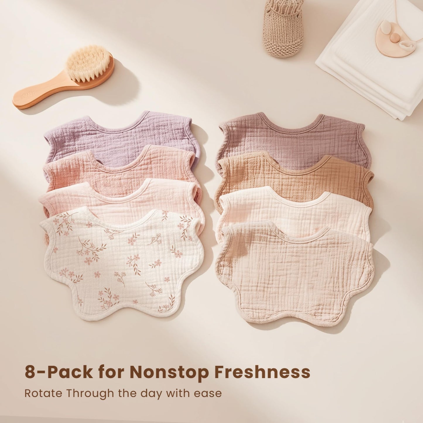 Full set of 8 Konssy muslin bibs in varied colors