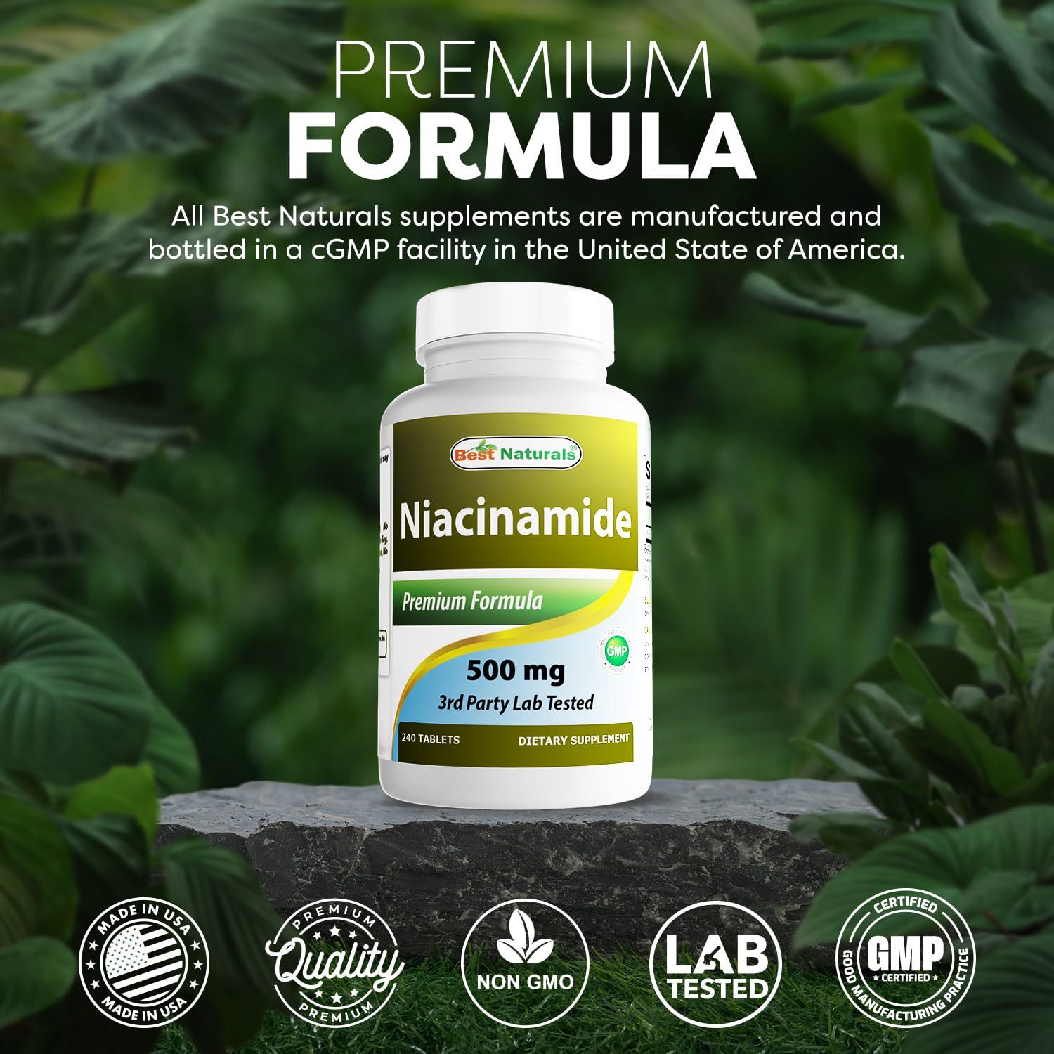 Close up look at the 240 count vegetarian tablets packaging of Best Naturals Vitamin B3 highlighting its third party tested label