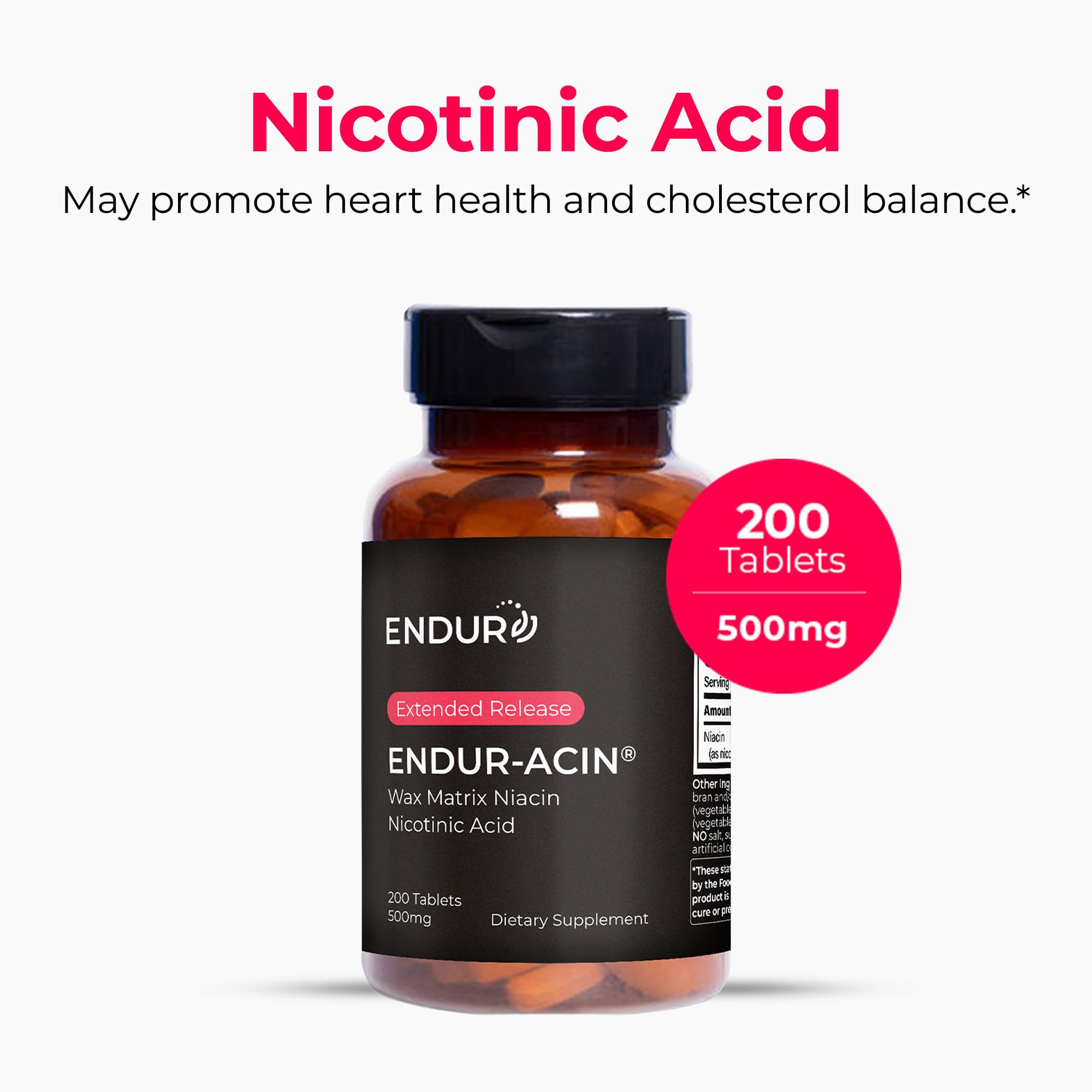 Endurance Products Endur Acin 500 milligrams extended release niacin supplement facts and clean ingredient list on side label