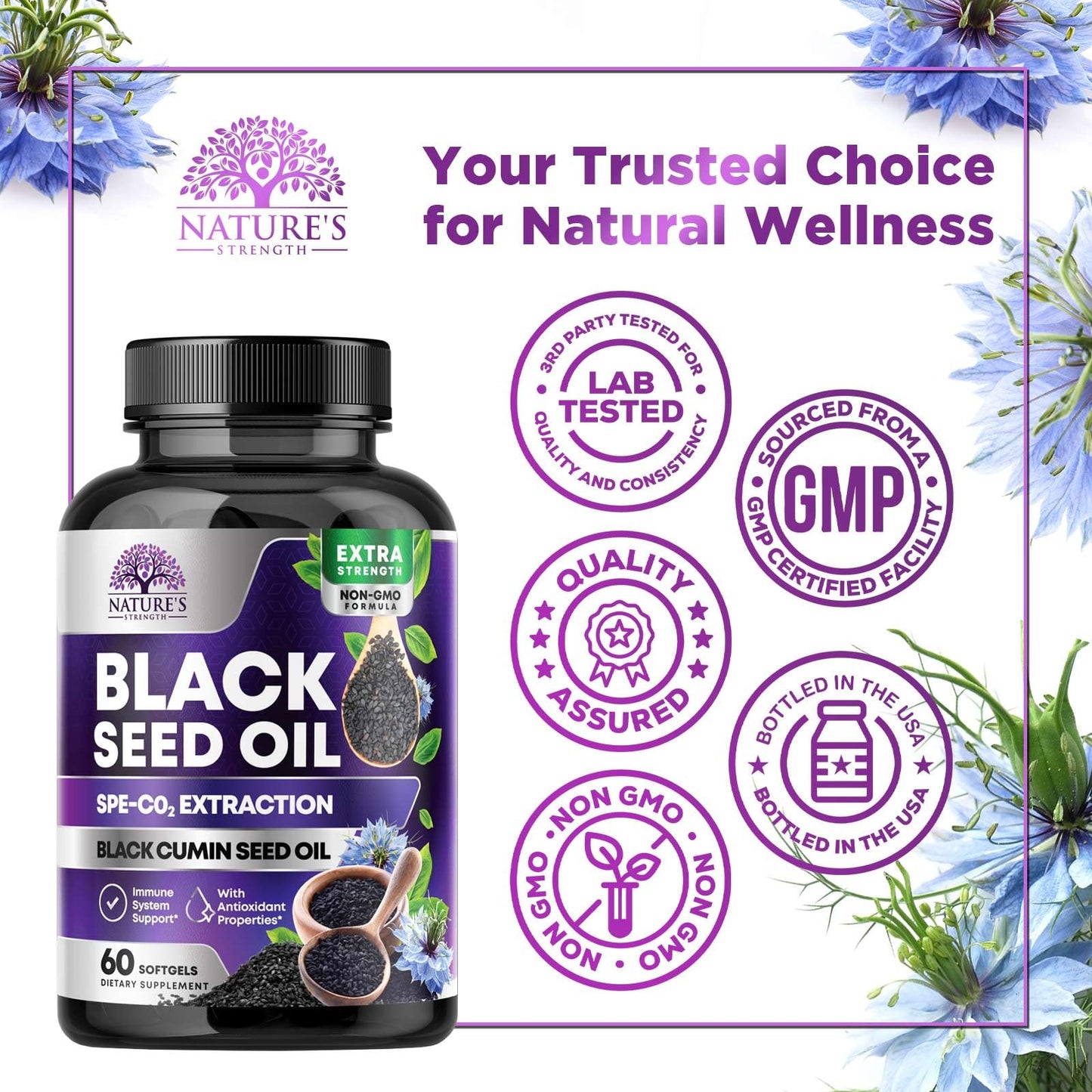 Nature's Strength immune support antioxidant black seed oil capsules with Thymoquinone