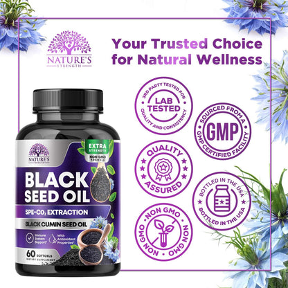 Nature's Strength immune support antioxidant black seed oil capsules with Thymoquinone