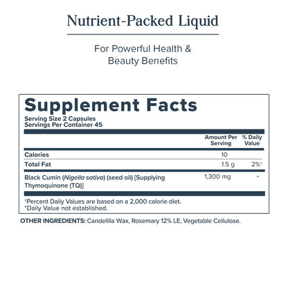 Heritage Store Nigella Sativa oil capsules bottle highlighting thymoquinone and omega fatty acid benefits