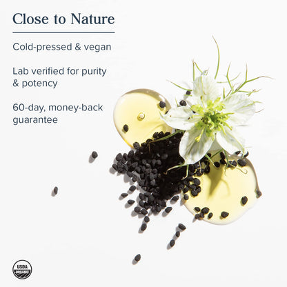 Side view of Heritage Store Black Seed Oil vegetarian liquid capsules container detailing daily usage directions