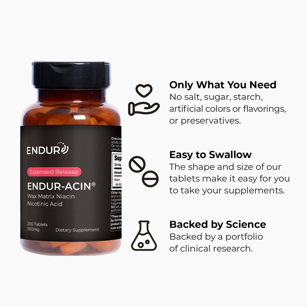 Endur Acin Niacin B3 extended release heart health formula bottle showing six to eight hour timed release matrix details