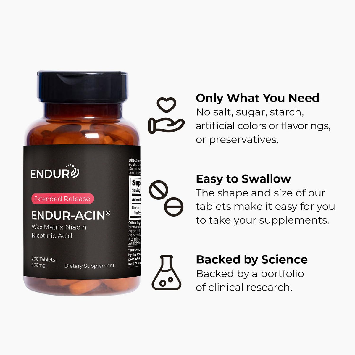 Endur Acin Niacin B3 extended release heart health formula bottle showing six to eight hour timed release matrix details