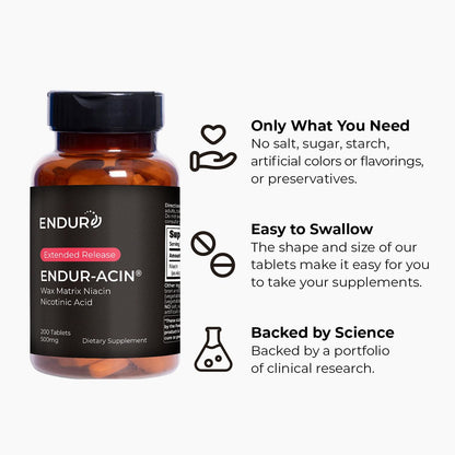 Endur Acin Niacin B3 extended release heart health formula bottle showing six to eight hour timed release matrix details
