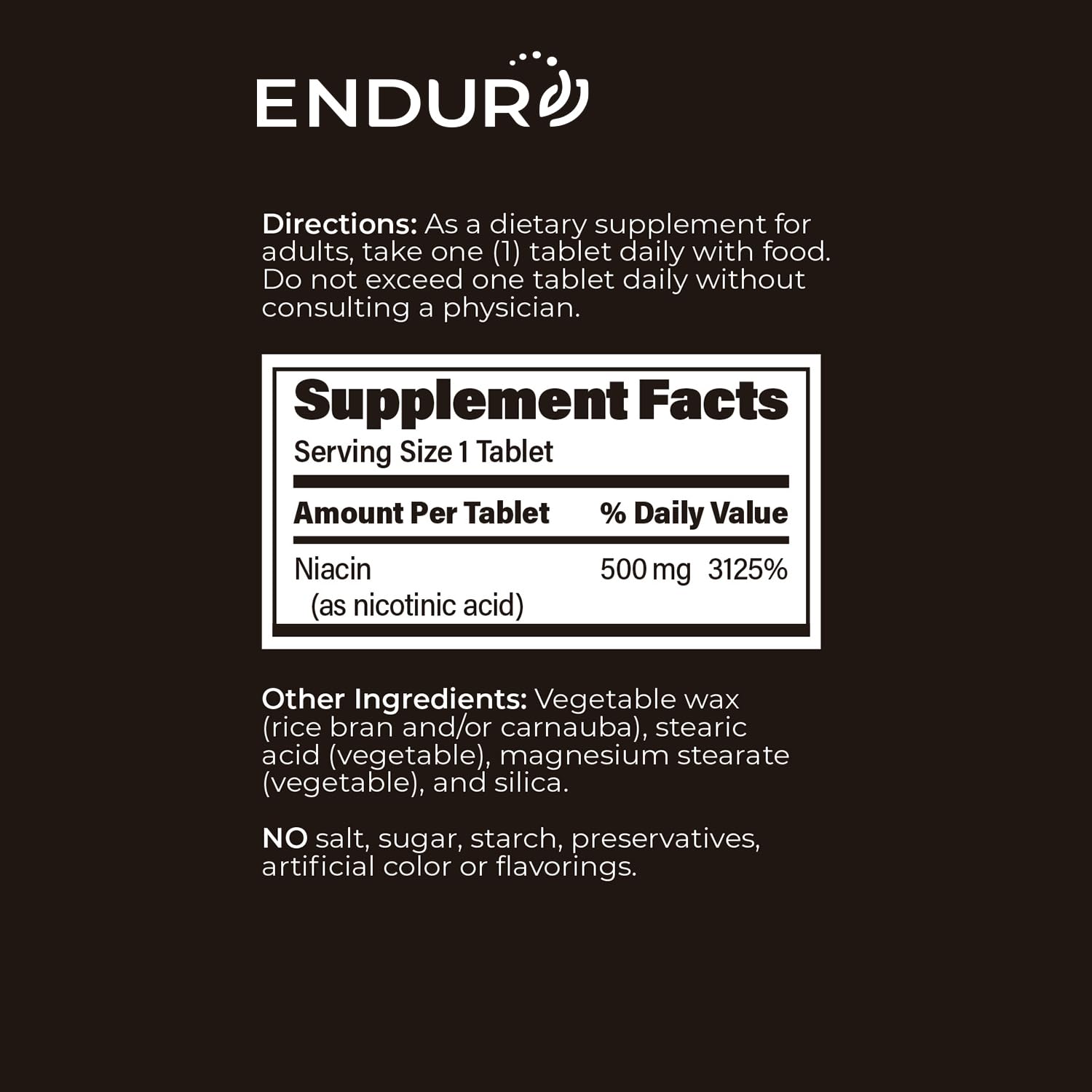 Authentic imported Endurance Products Endur Acin 500 milligrams capsule size visual and safety warning information