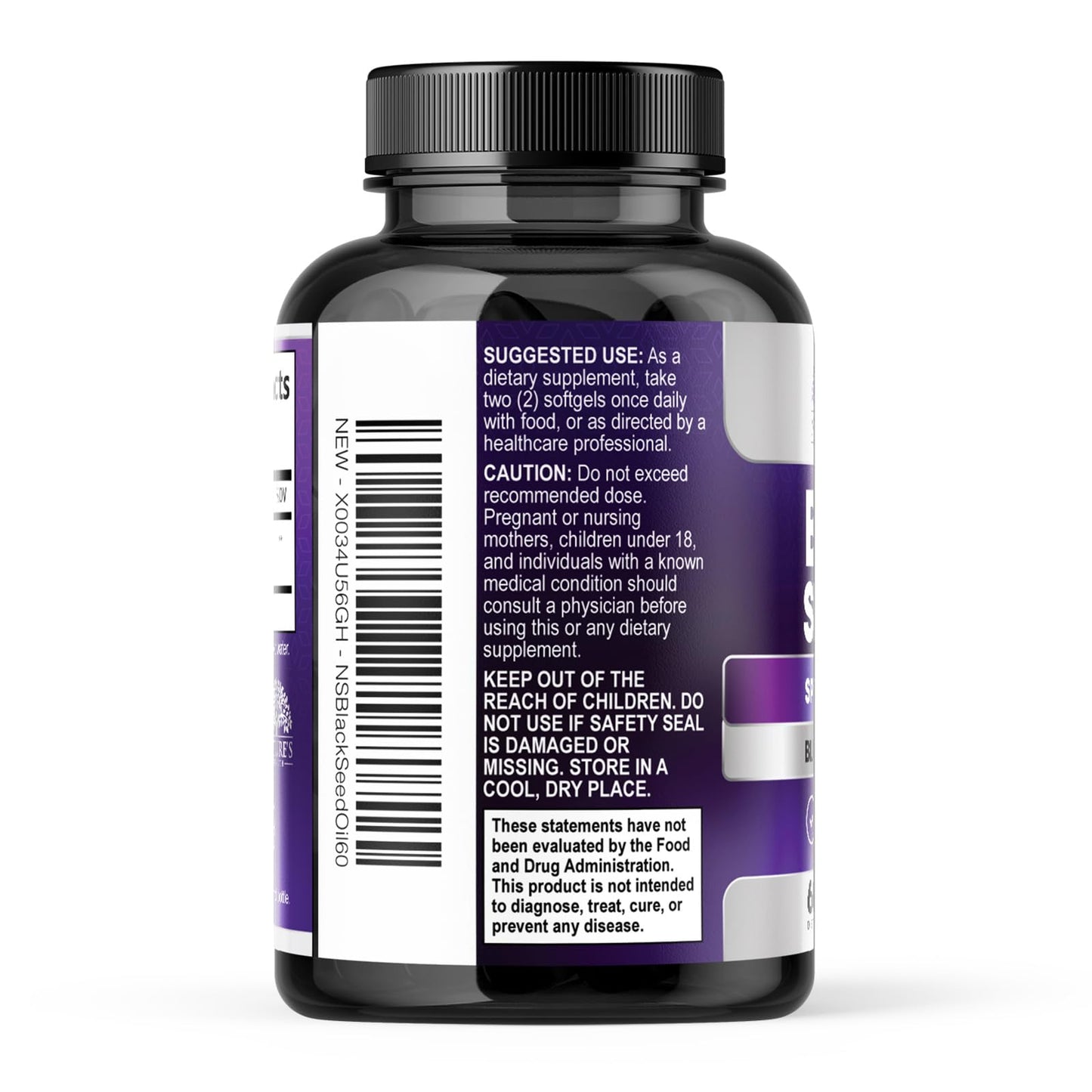 Pure black seed oil 60 softgels container showing supplement facts panel