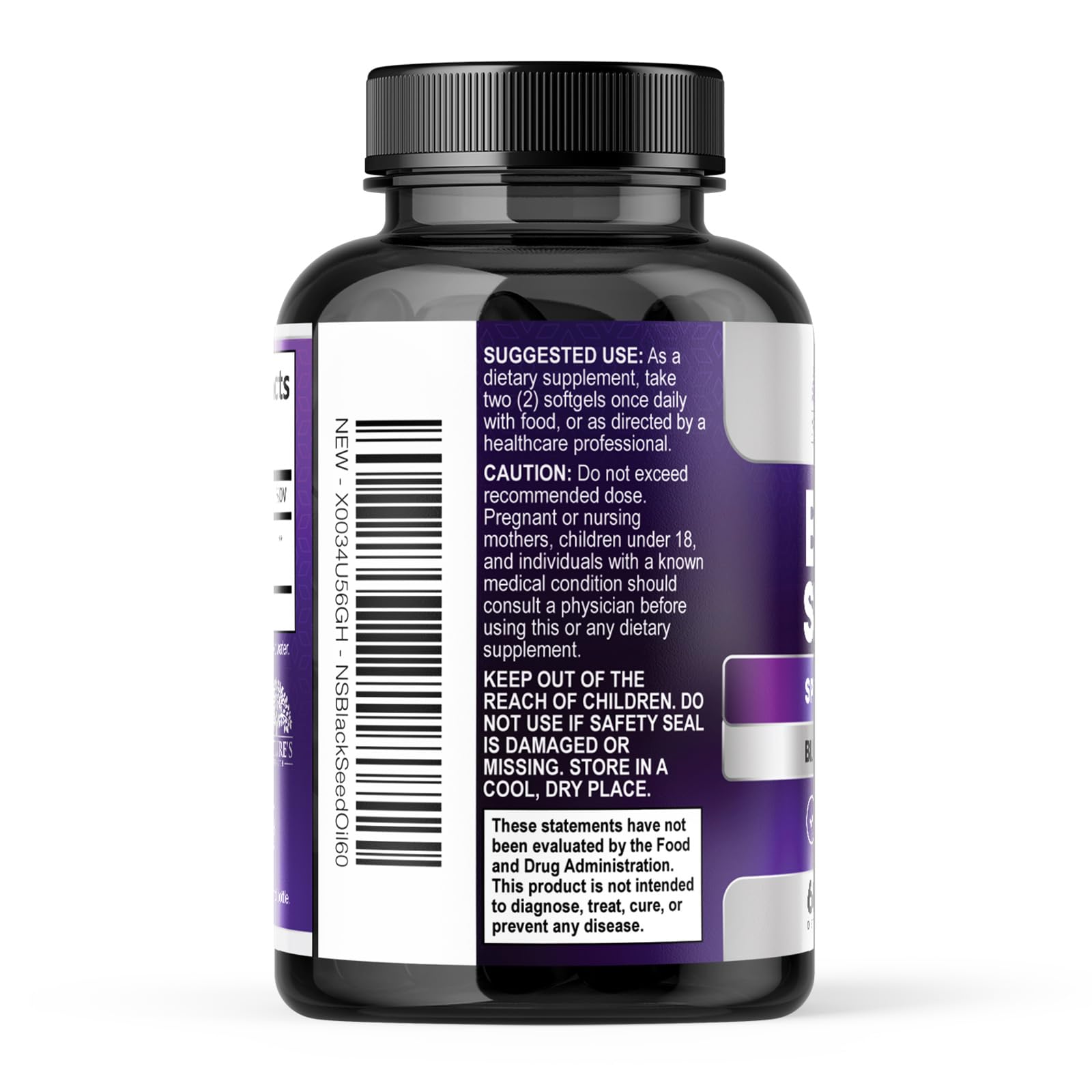 Pure black seed oil 60 softgels container showing supplement facts panel