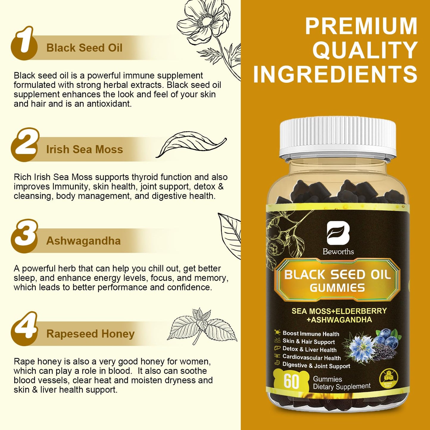 B Beworths honey flavored black cumin seed and sea moss gummies displayed on a clean background