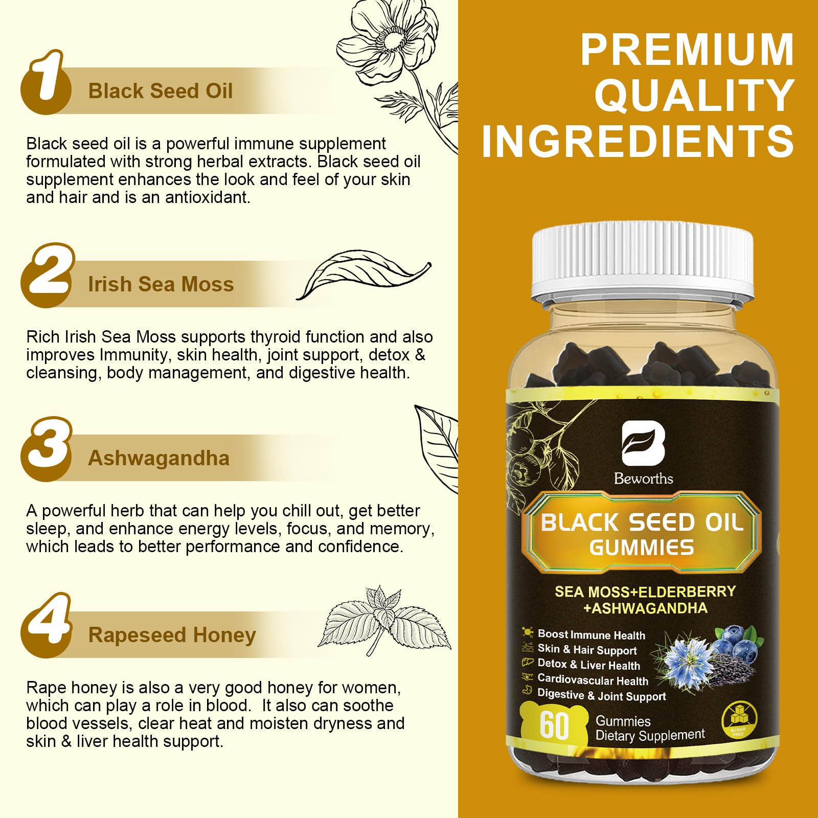 B Beworths honey flavored black cumin seed and sea moss gummies displayed on a clean background