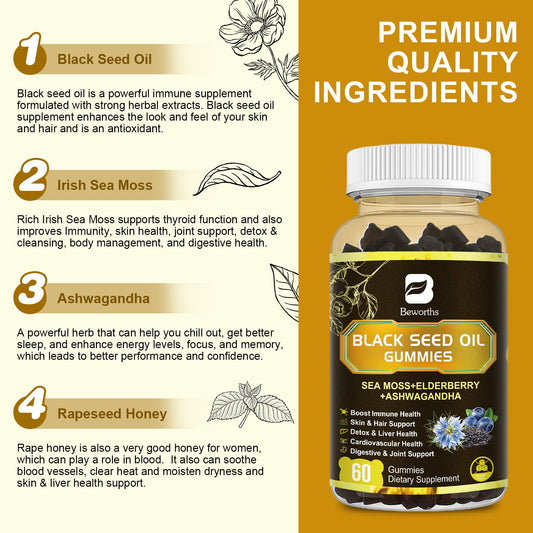 B Beworths honey flavored black cumin seed and sea moss gummies displayed on a clean background