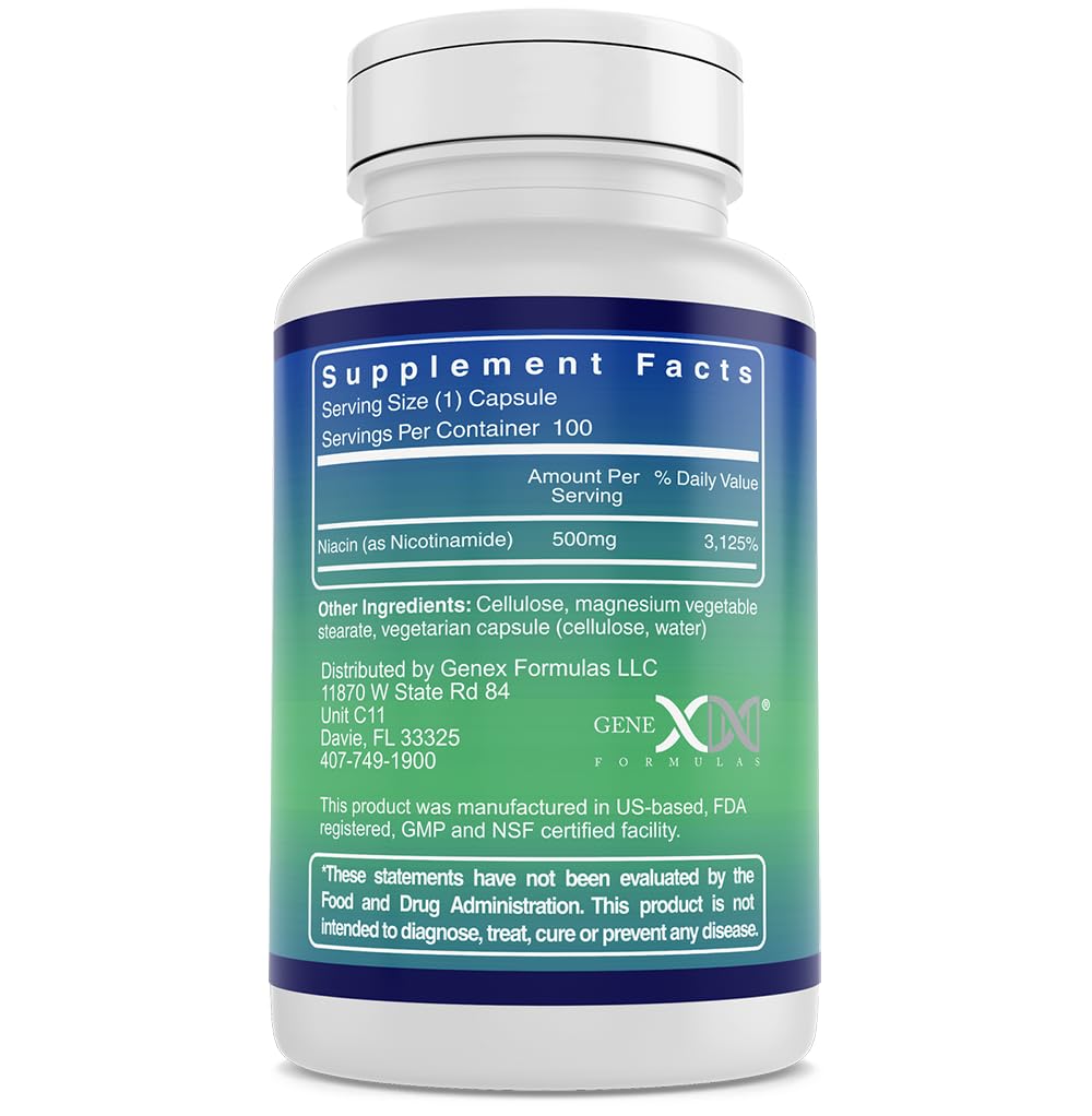 Genex Formulas Nicotinamide 500mg dietary supplement side label displaying flush free niacinamide facts