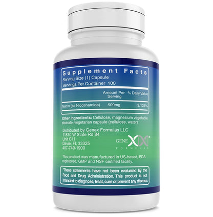 Genex Formulas Nicotinamide 500mg dietary supplement side label displaying flush free niacinamide facts