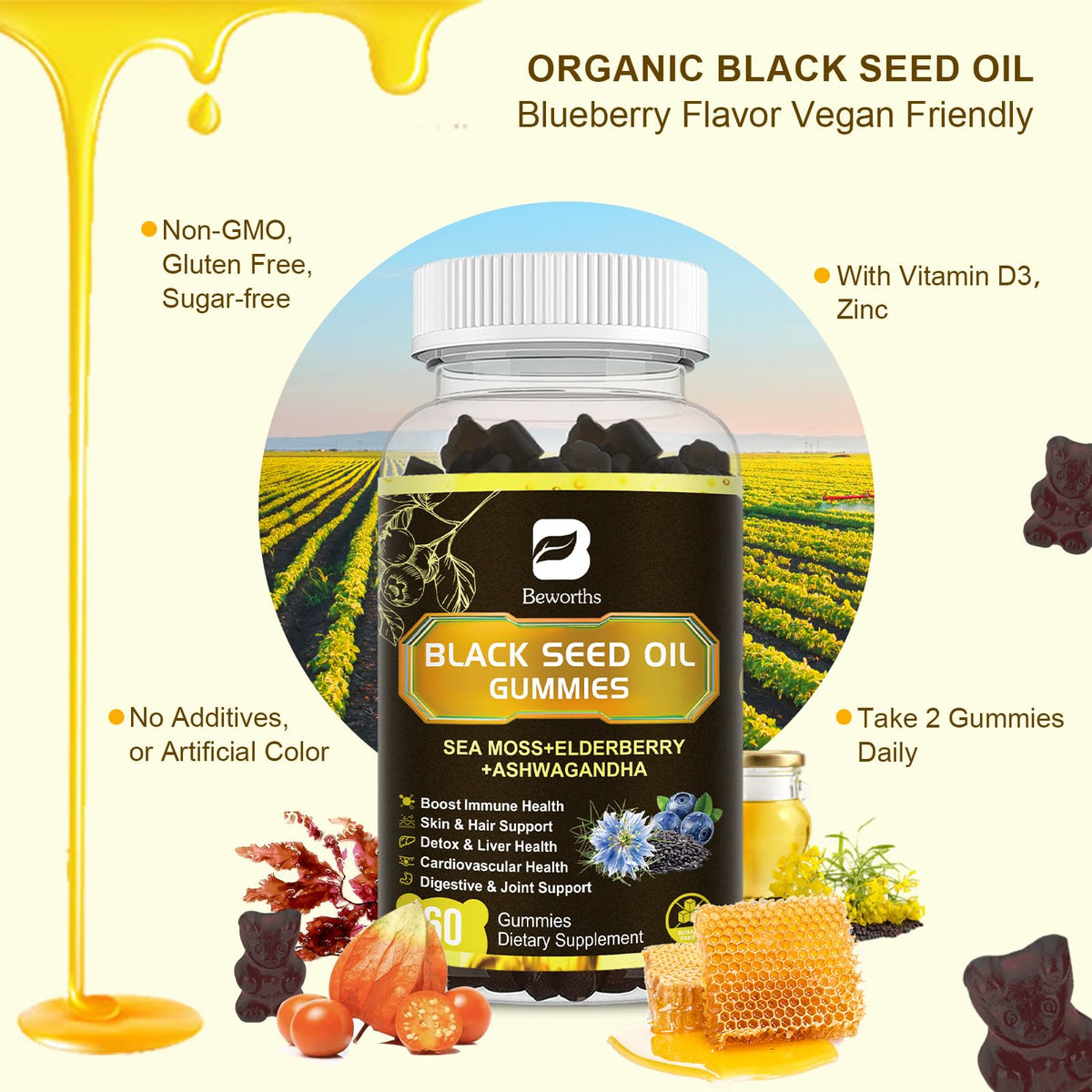 B Beworths Black Seed Oil Gummies close up texture display