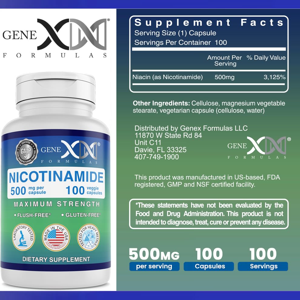 Genex Formulas Nicotinamide 500mg supplement bottle detailing USA manufactured quality standards