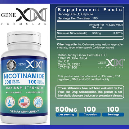 Genex Formulas Nicotinamide 500mg supplement bottle detailing USA manufactured quality standards