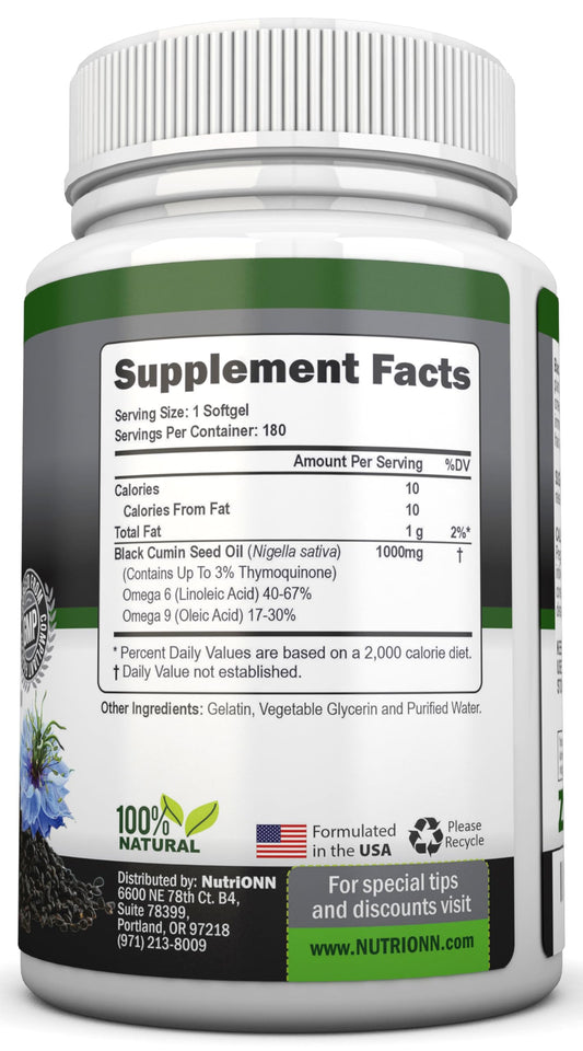 NutriONN cold pressed black cumin seed capsules supplement facts and ingredient label.