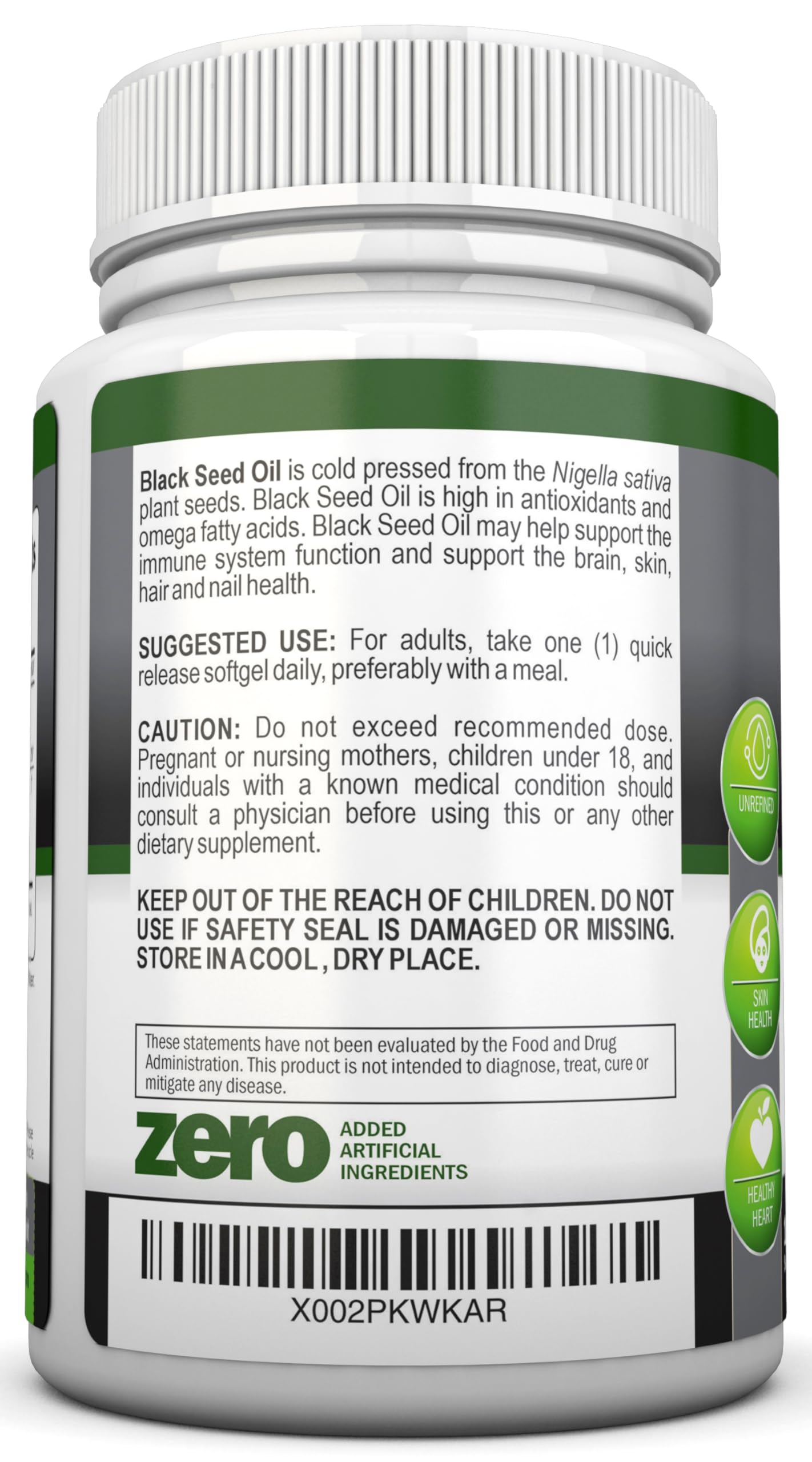 NutriONN high thymoquinone 1000mg dietary supplement bottle showcasing manufacturing details.