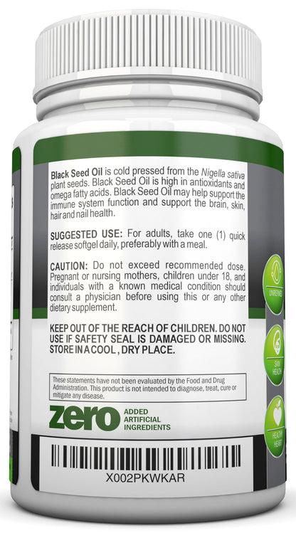 NutriONN high thymoquinone 1000mg dietary supplement bottle showcasing manufacturing details.