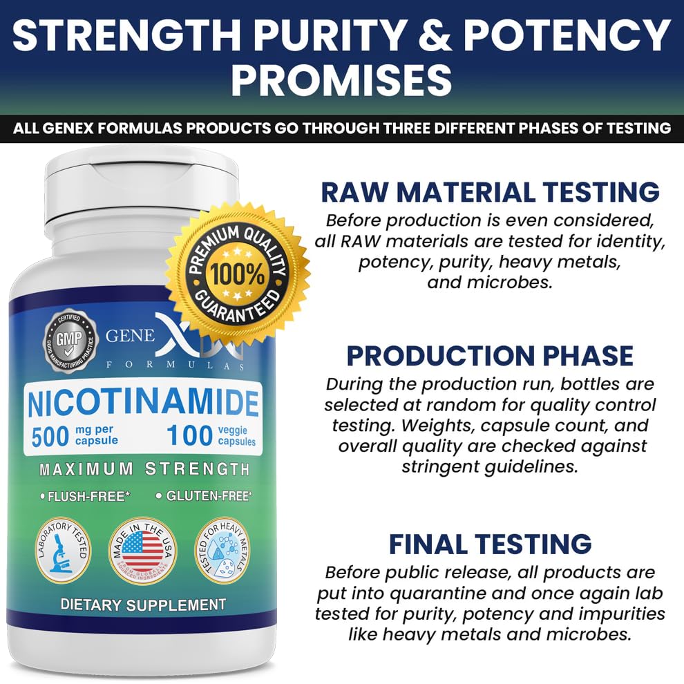 Imported Genex Formulas Nicotinamide 500mg skin and cellular energy supplement front label view