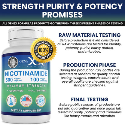 Imported Genex Formulas Nicotinamide 500mg skin and cellular energy supplement front label view