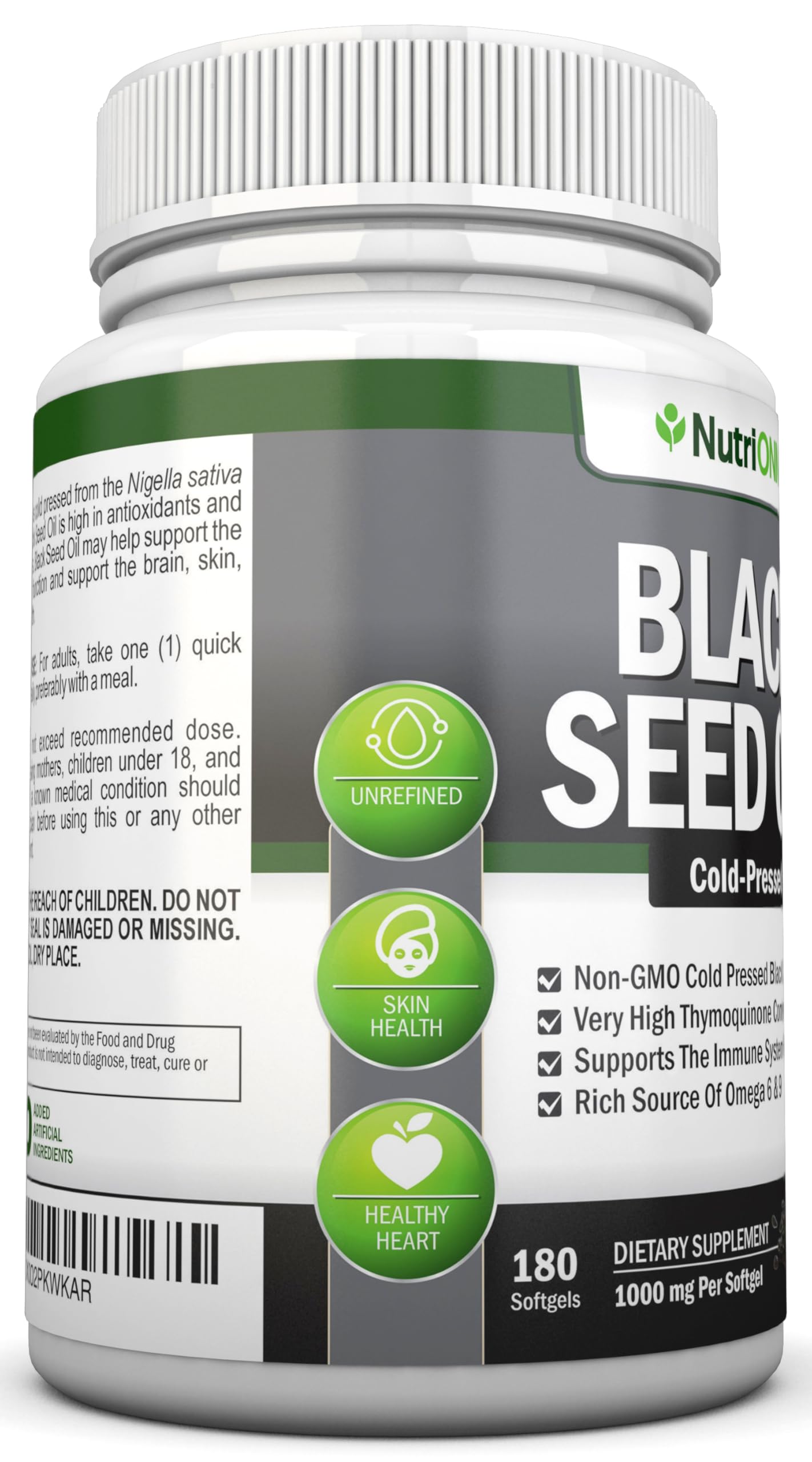 NutriONN black cumin seed capsules with omega fatty acids for skin and hair health.