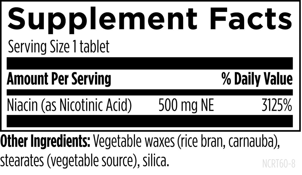 Controlled release wax matrix tablet details on Designs for Health Niacin packaging