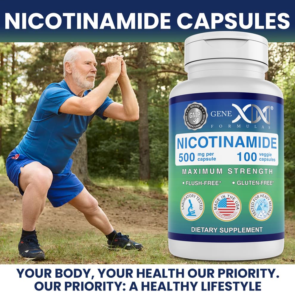 Genex Formulas Nicotinamide Vitamin B3 100 vegetable capsules standing upright on clean surface