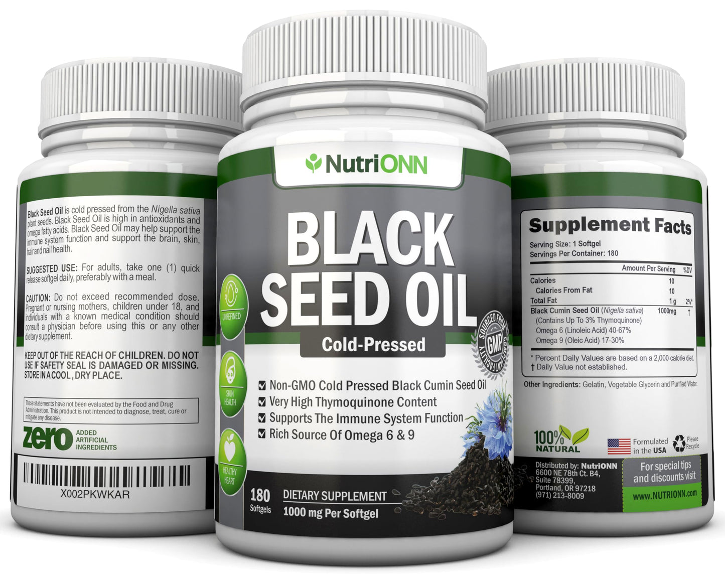 NutriONN authentic USA imported black seed oil dietary supplement packaging overview.