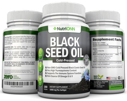 NutriONN authentic USA imported black seed oil dietary supplement packaging overview.