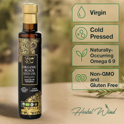 Herbal Wind unrefined organic black seed oil packaging highlights for immune support.