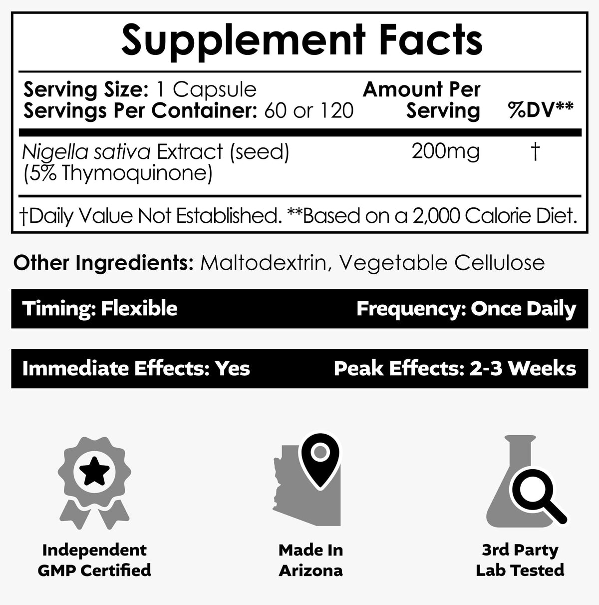 Nootropics Depot Nigella Sativa supplement facts label side view