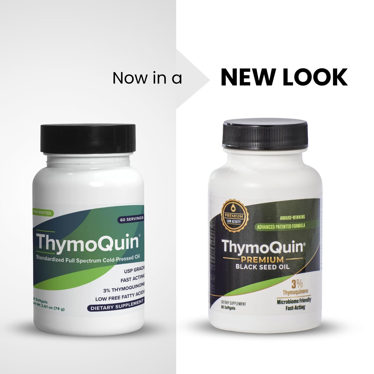 Side angle view of the ThymoQuin full spectrum black cumin seed oil supplement showing nutritional facts and usage directions.