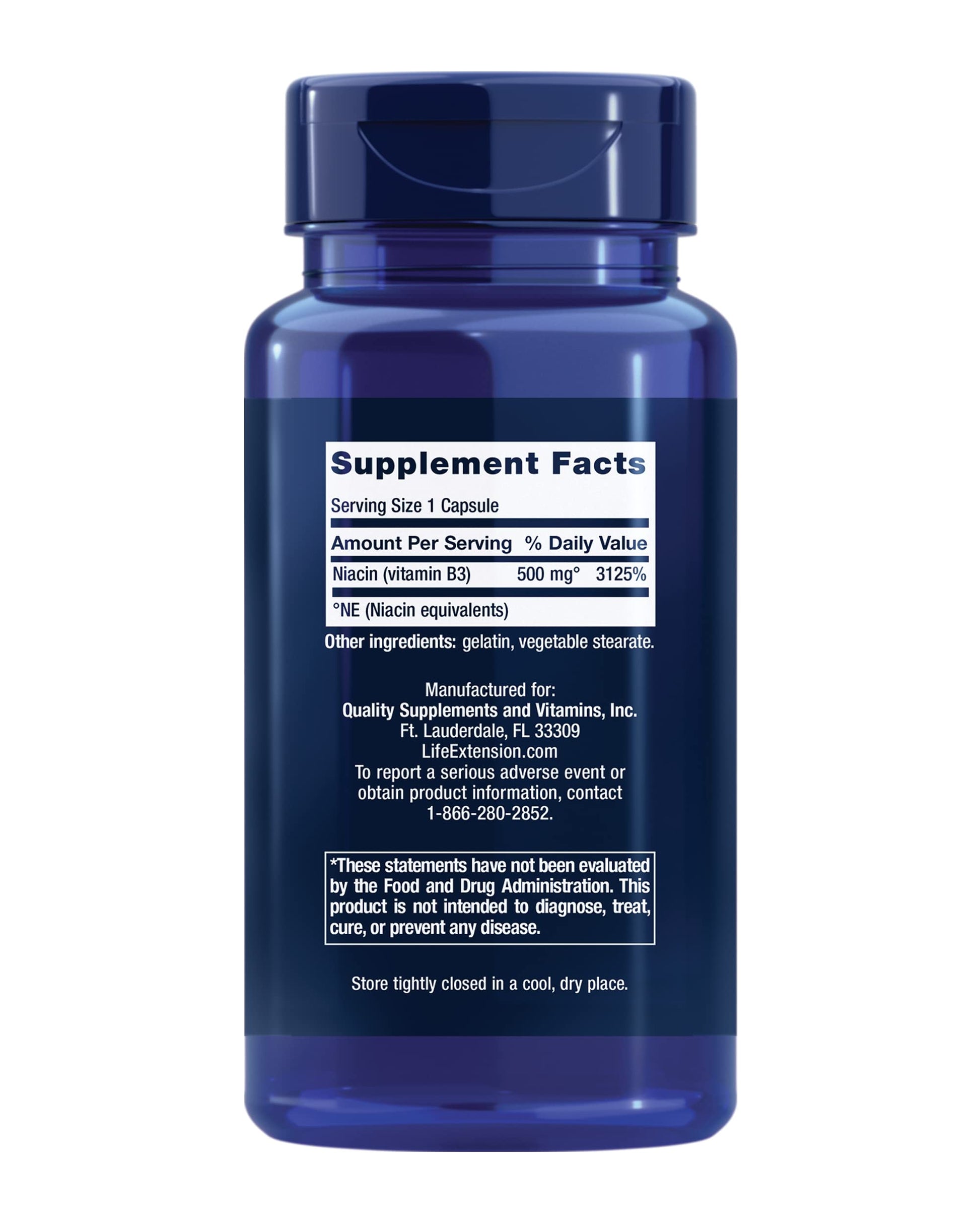 Life Extension high potency vitamin B3 100 capsules nutritional facts label view
