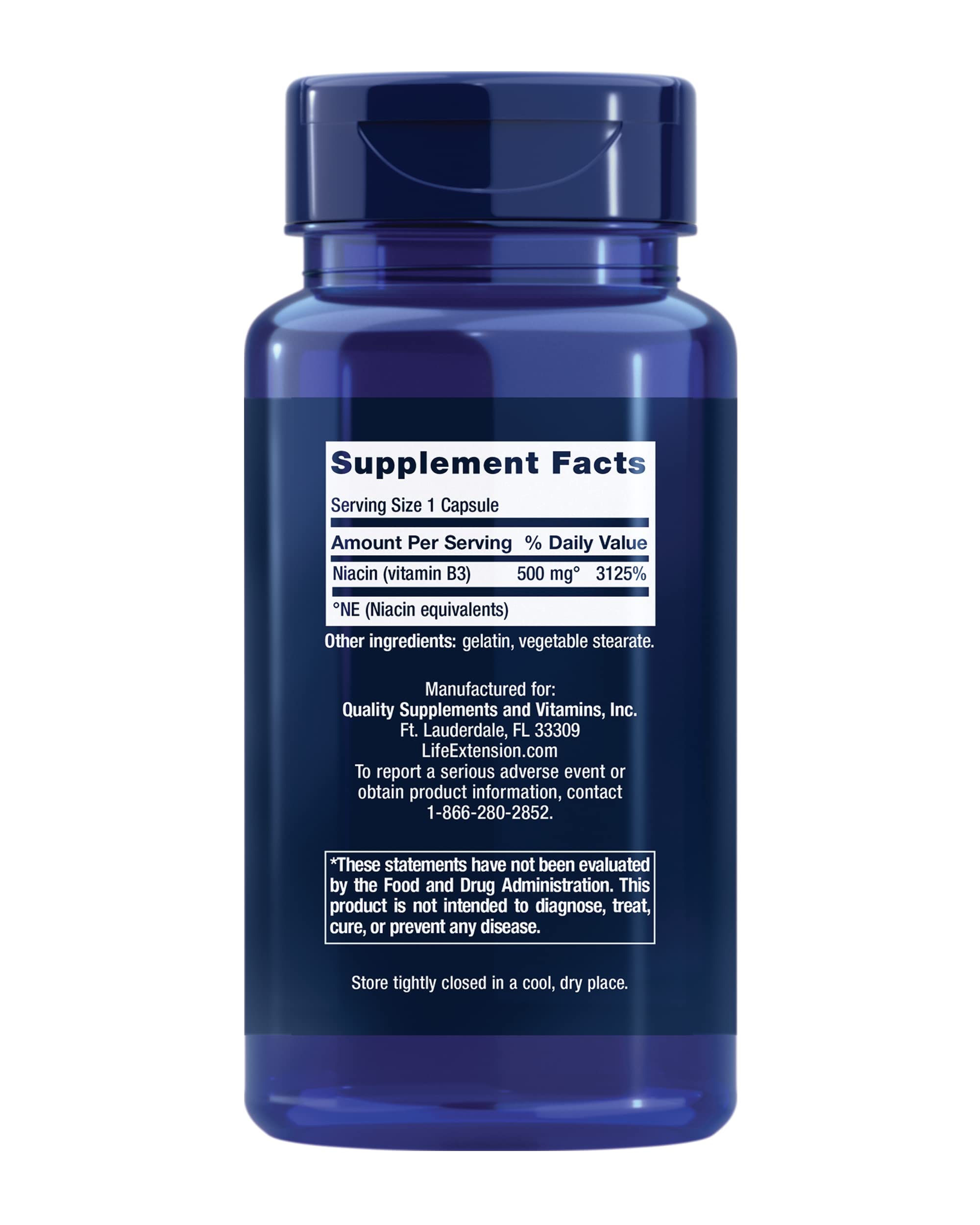 Life Extension high potency vitamin B3 100 capsules nutritional facts label view