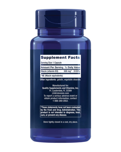 Life Extension high potency vitamin B3 100 capsules nutritional facts label view