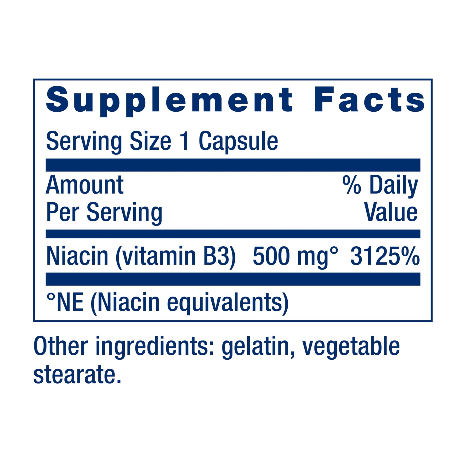 USA imported life extension niacin supplement capsules showing non GMO certification