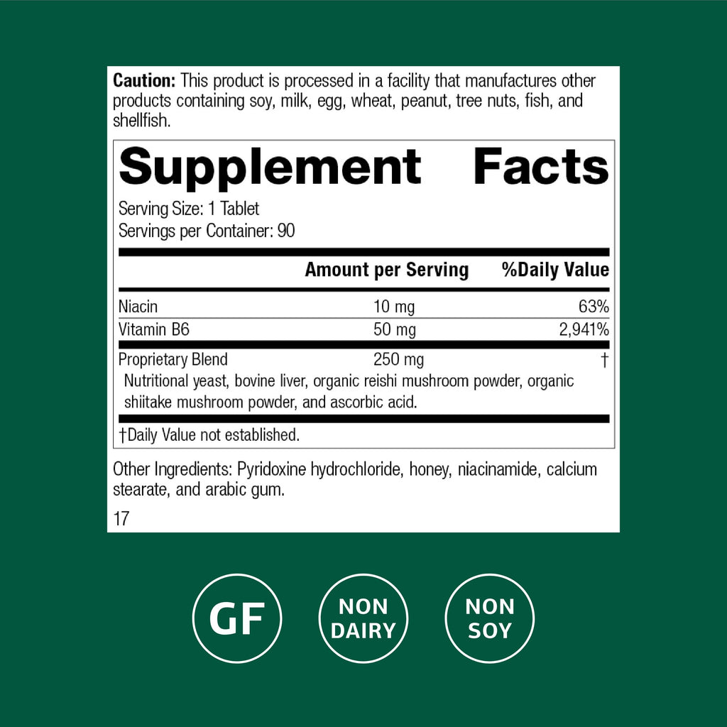 Standard Process Vitamin B6 and Niacin supplement facts panel displaying nutritional ingredients