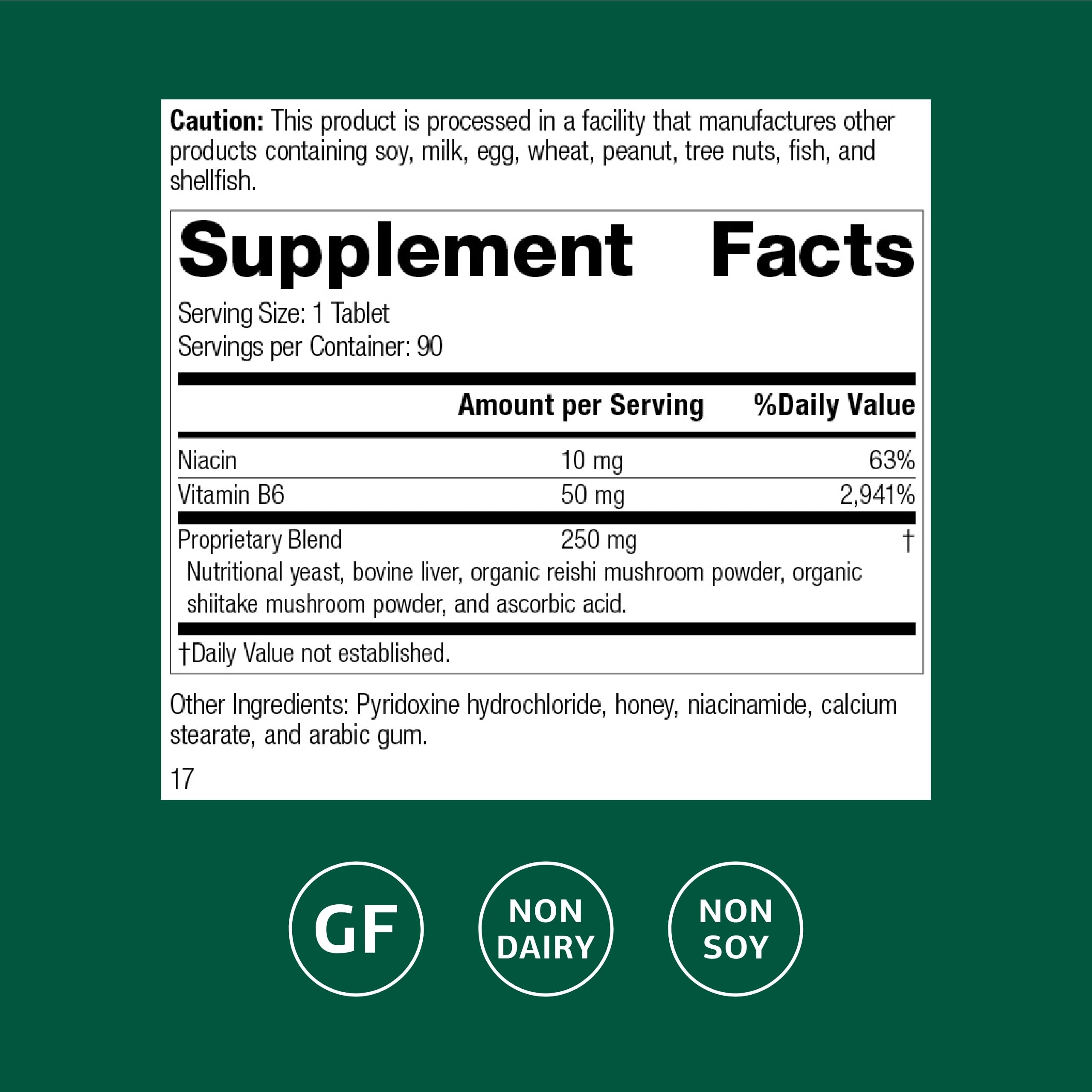 Standard Process Vitamin B6 and Niacin supplement facts panel displaying nutritional ingredients