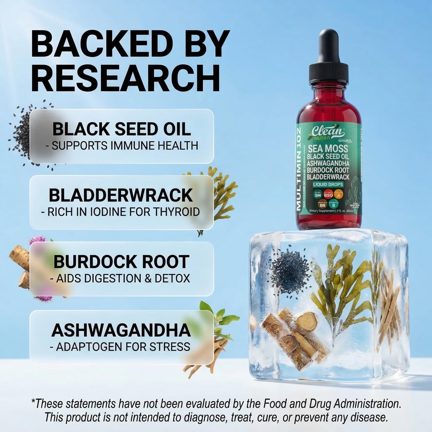 Clean Nutraceuticals sea moss liquid drops packaging with dropper details