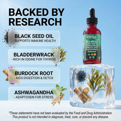 Clean Nutraceuticals sea moss liquid drops packaging with dropper details