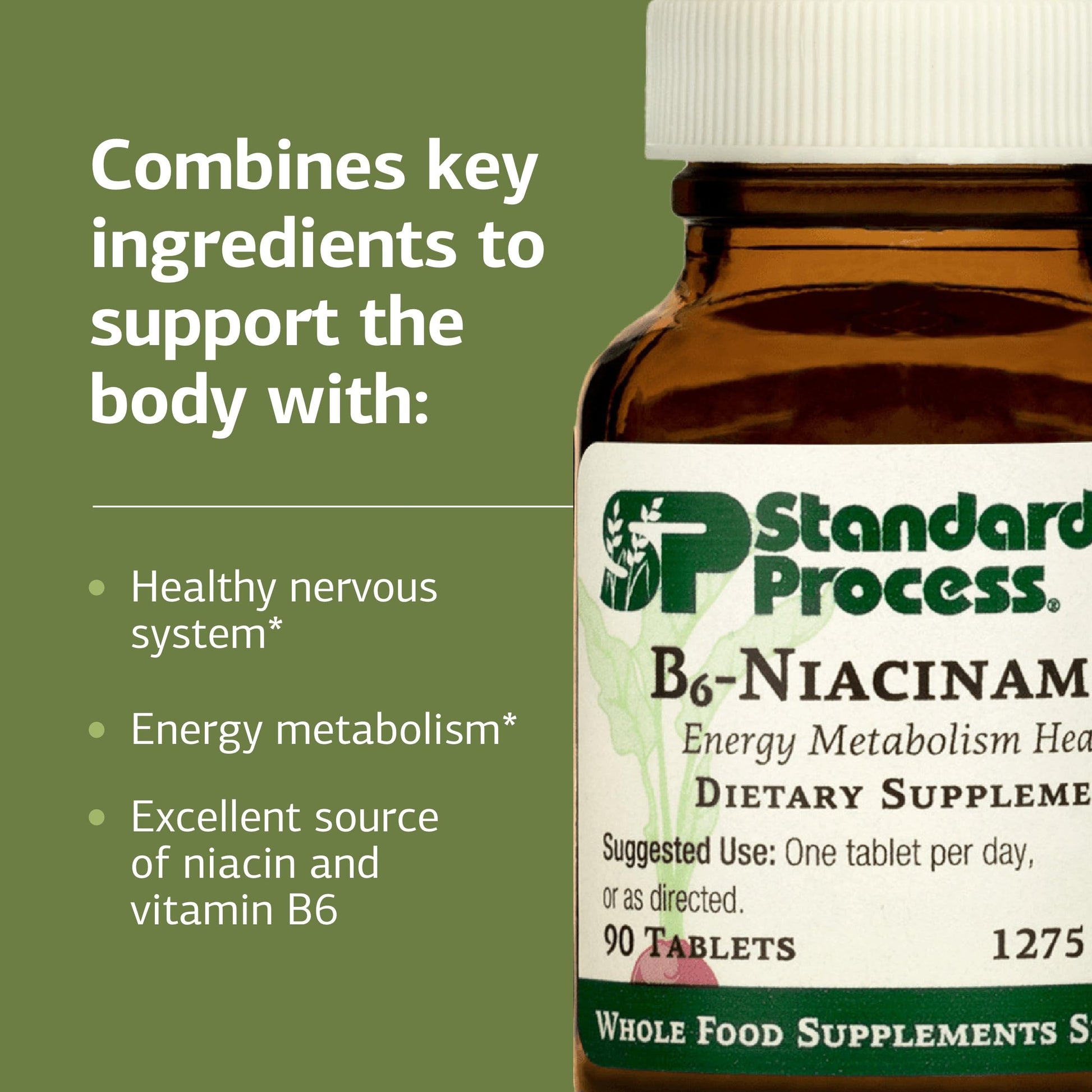 Standard Process B6 Niacinamide whole food supplement bottle highlighting gluten free and non dairy seals