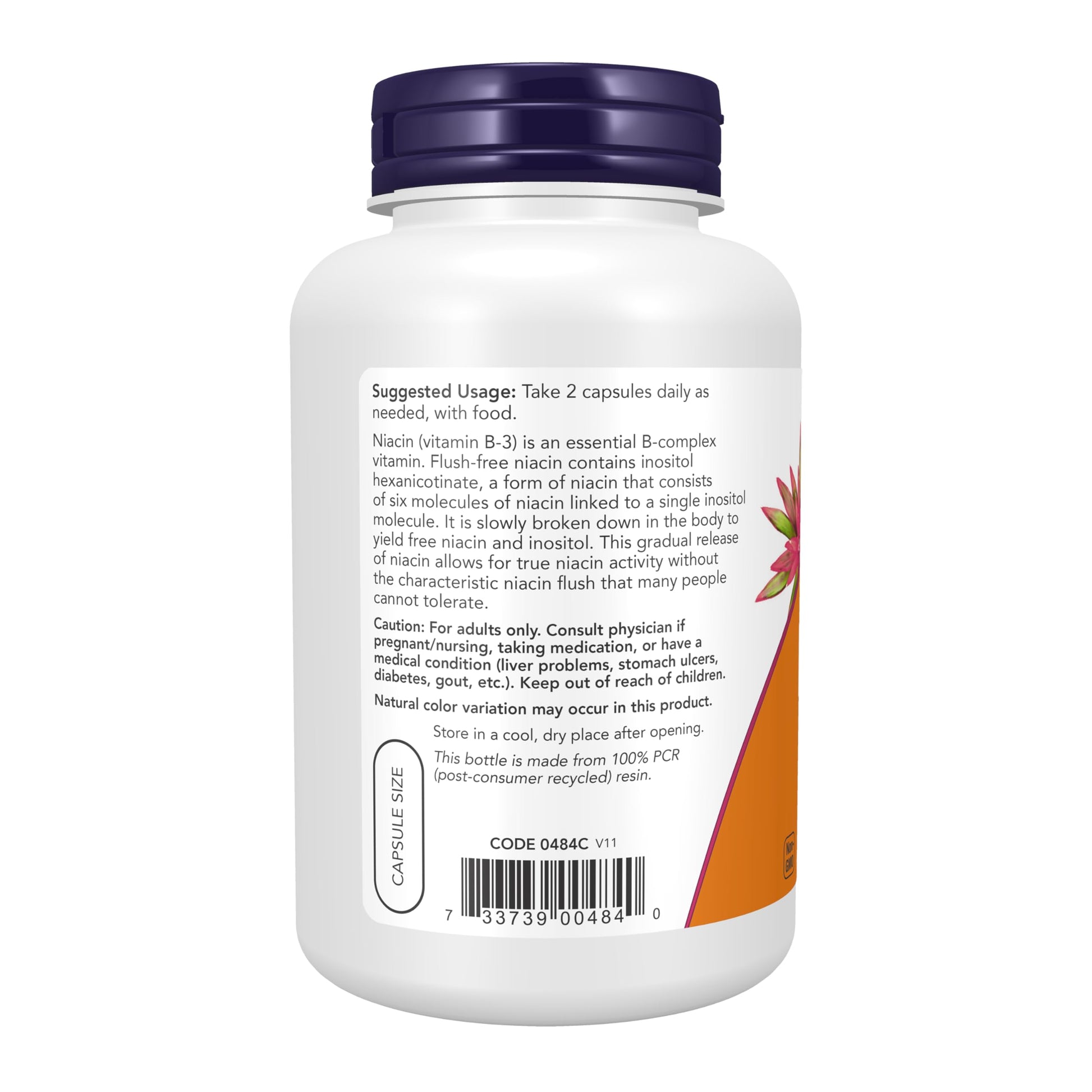 Inositol Hexanicotinate flush free formula by NOW Foods capsule close up side view.