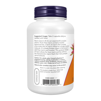 Inositol Hexanicotinate flush free formula by NOW Foods capsule close up side view.