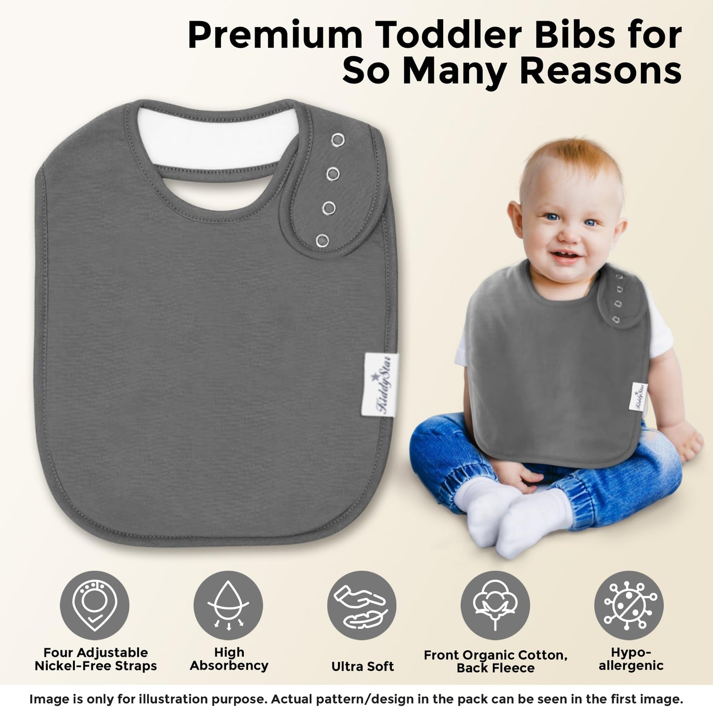 Close up of nickel-free adjustable snaps on KiddyStar baby bib