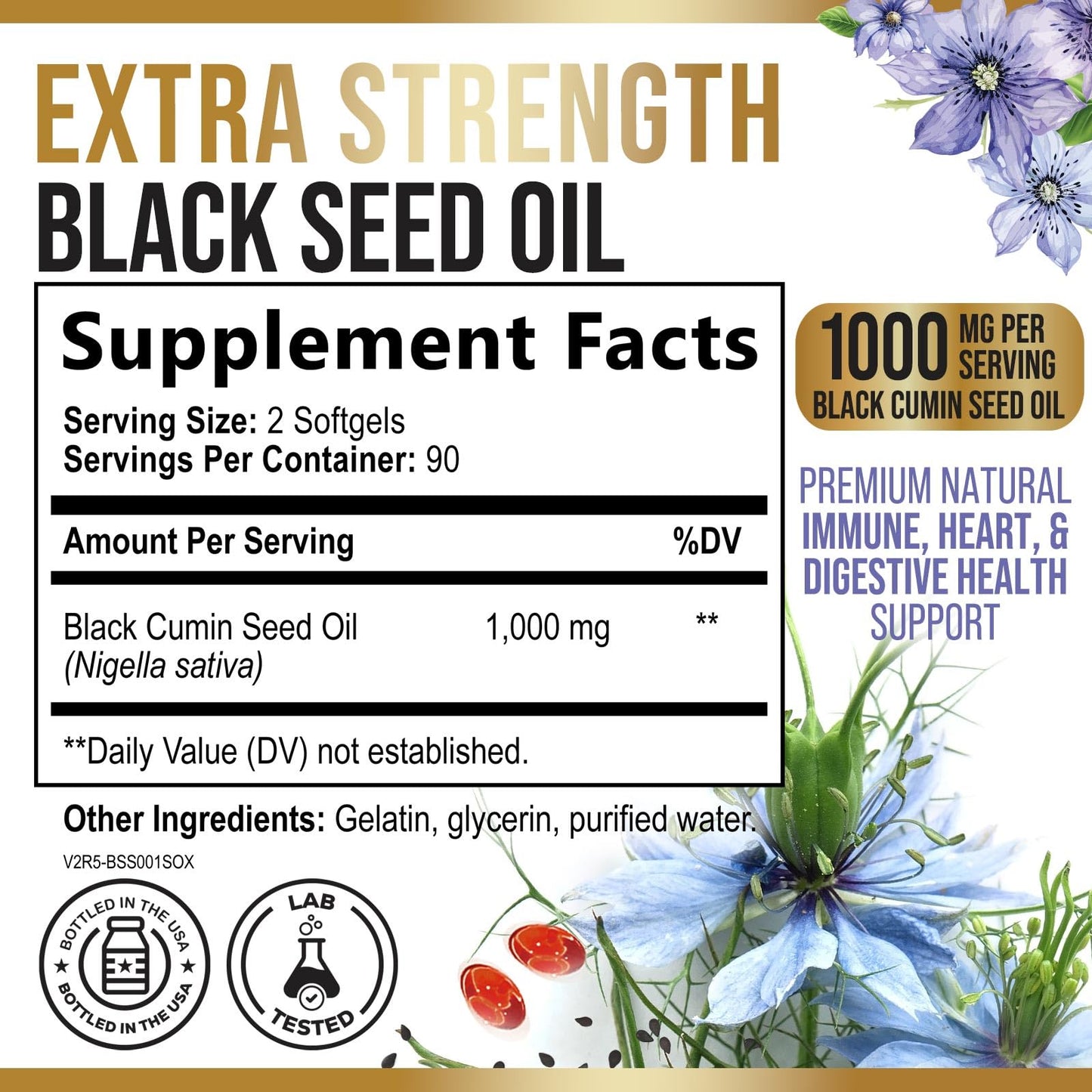 Nature's Nutrition cold pressed Nigella Sativa 1000mg capsules premium supplement label details