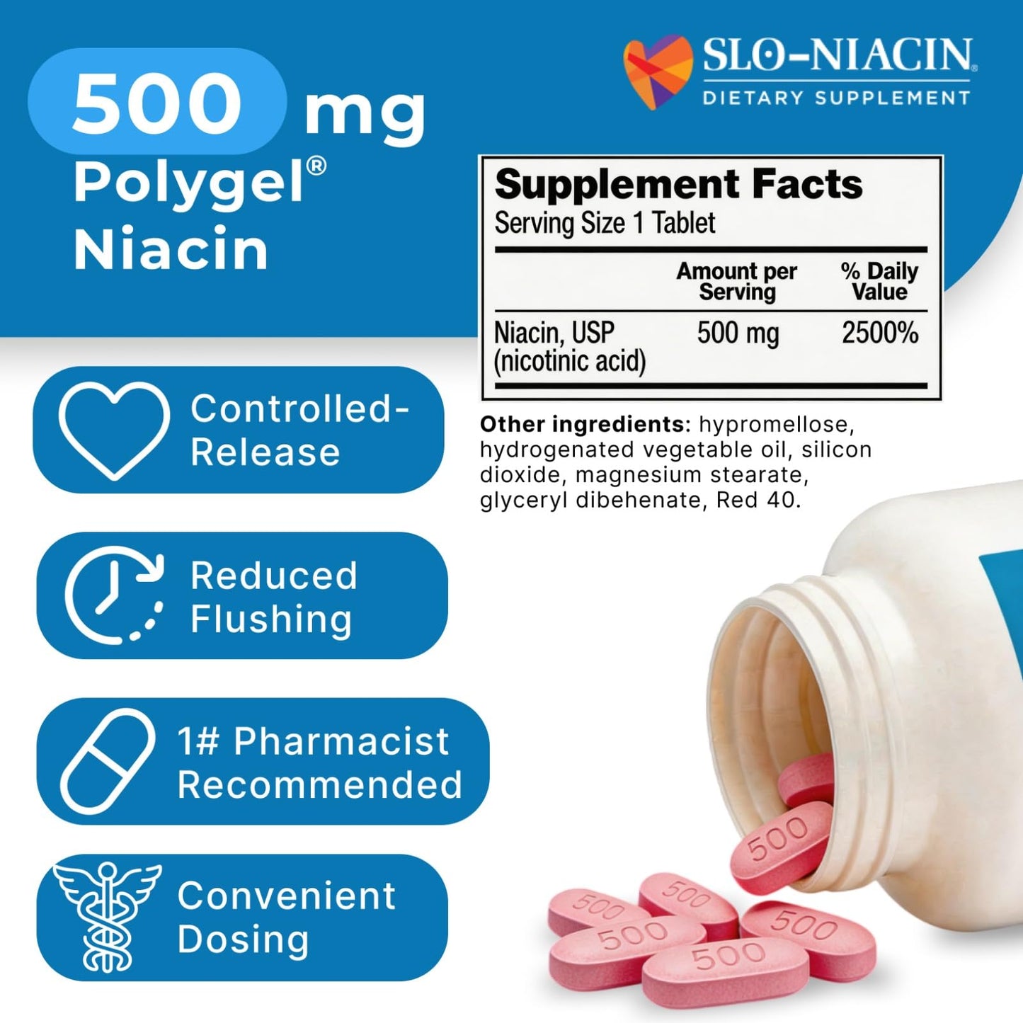 Authentic Slo-Niacin 500 mg nicotinic acid tablets label details.